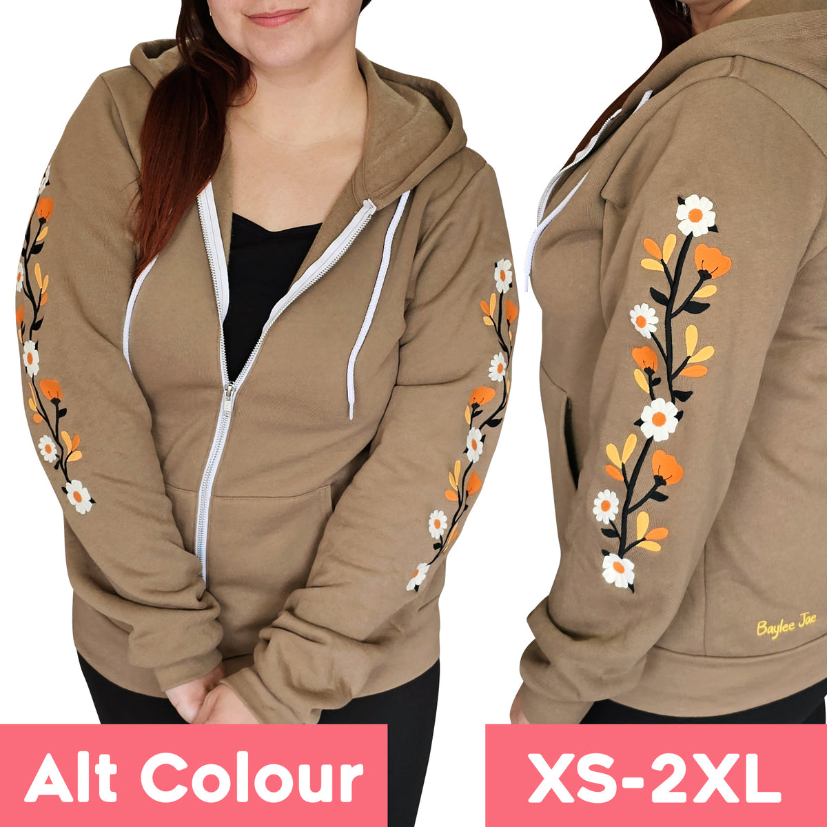 &quot;Fall Florals&quot; Embroidered Zip Sweatshirt - Brown ALT COLOUR