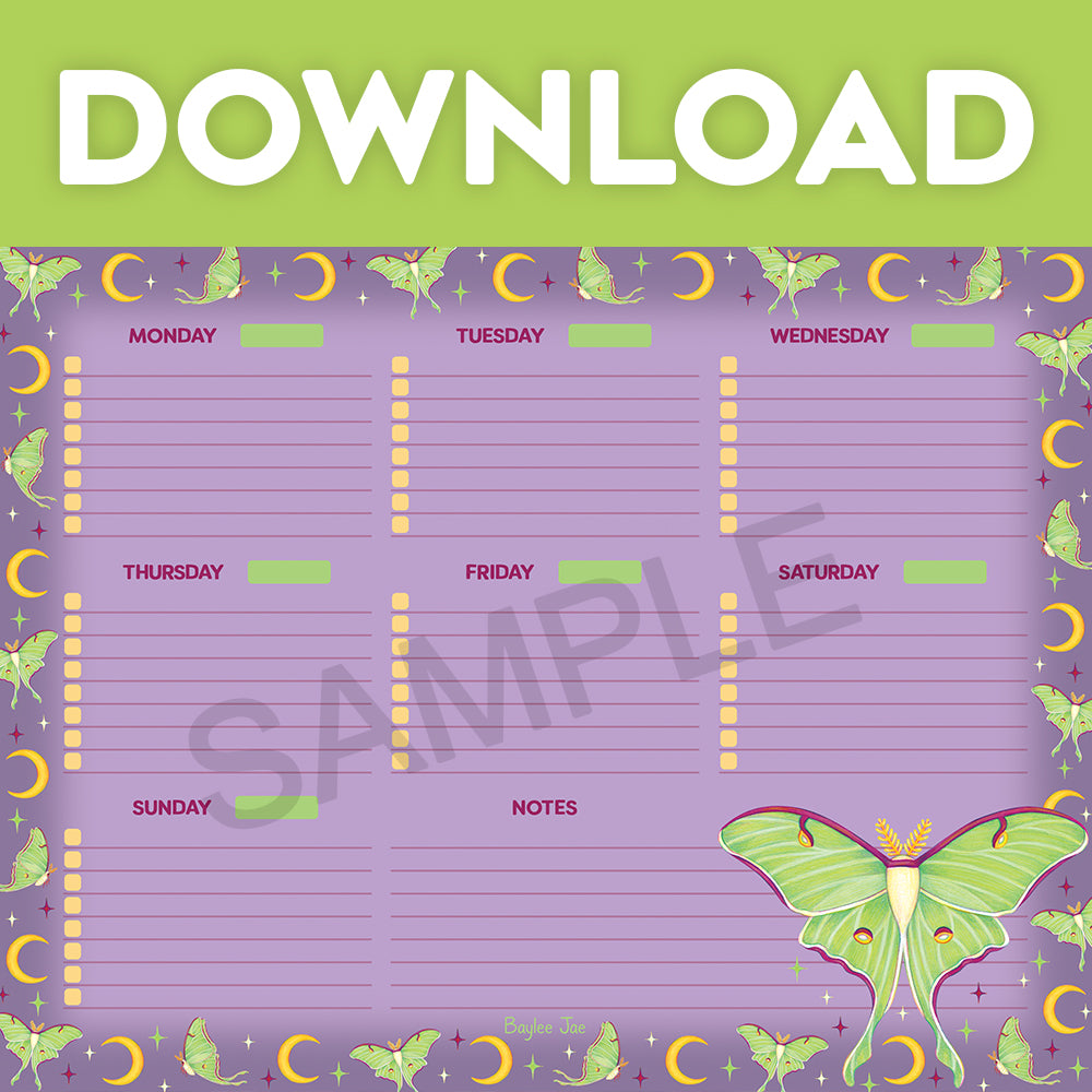 &quot;Luna Moth&quot; Weekly Planner Digital Download