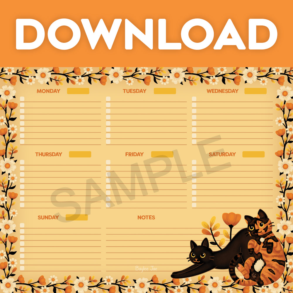 &quot;Floral Cats&quot; Weekly Planner Digital Download