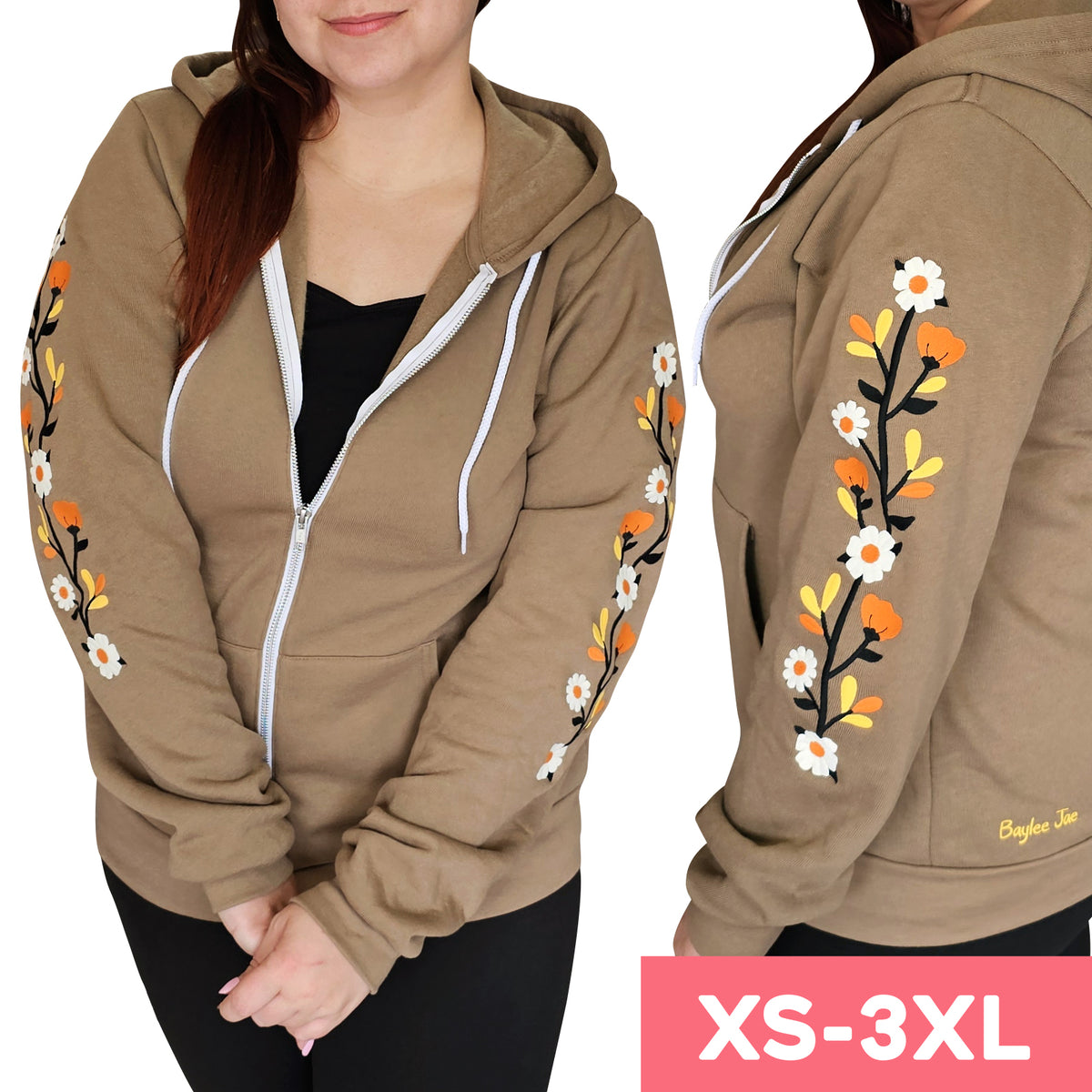 &quot;Fall Florals&quot; Embroidered Zip Sweatshirt - Brown