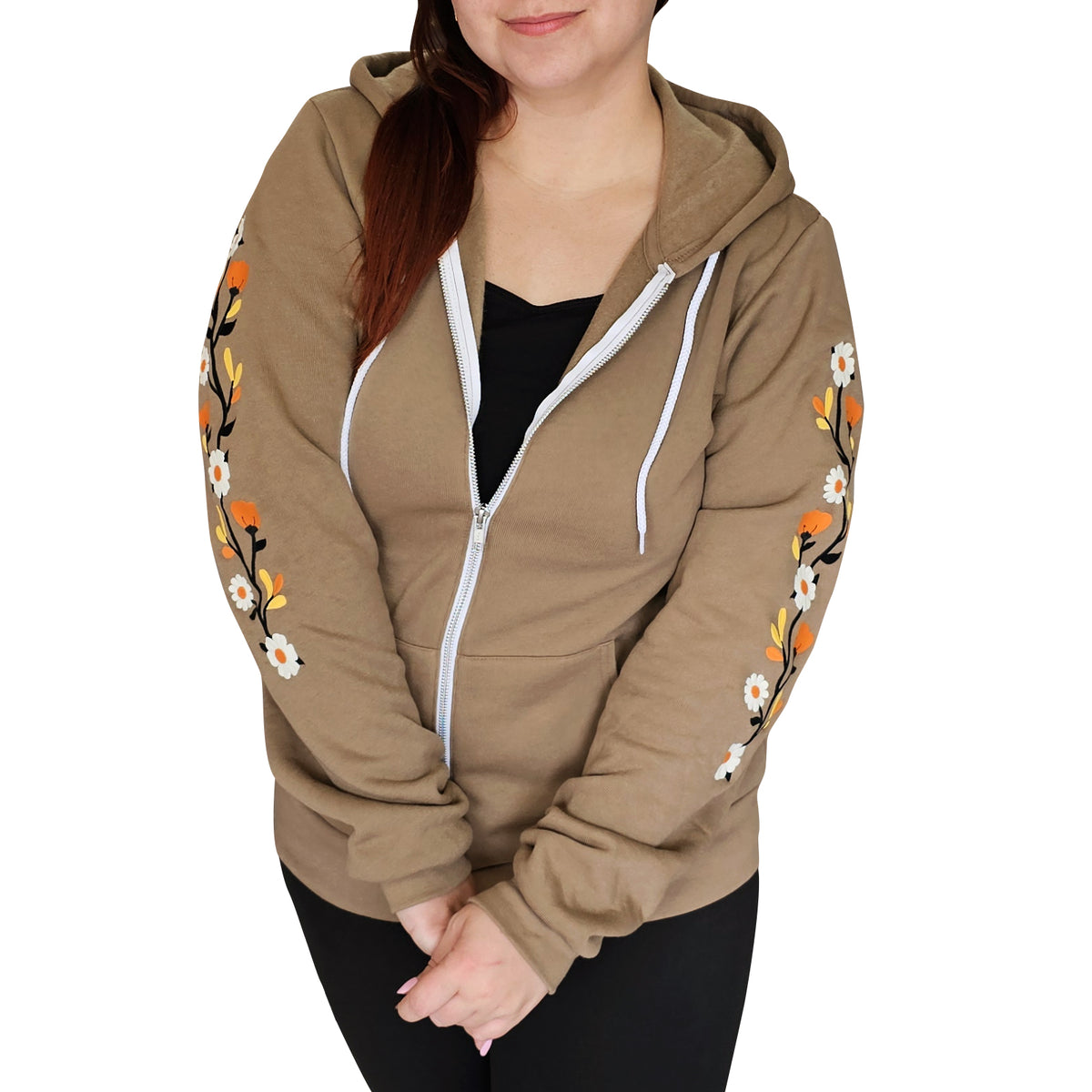 &quot;Fall Florals&quot; Embroidered Zip Sweatshirt - Brown