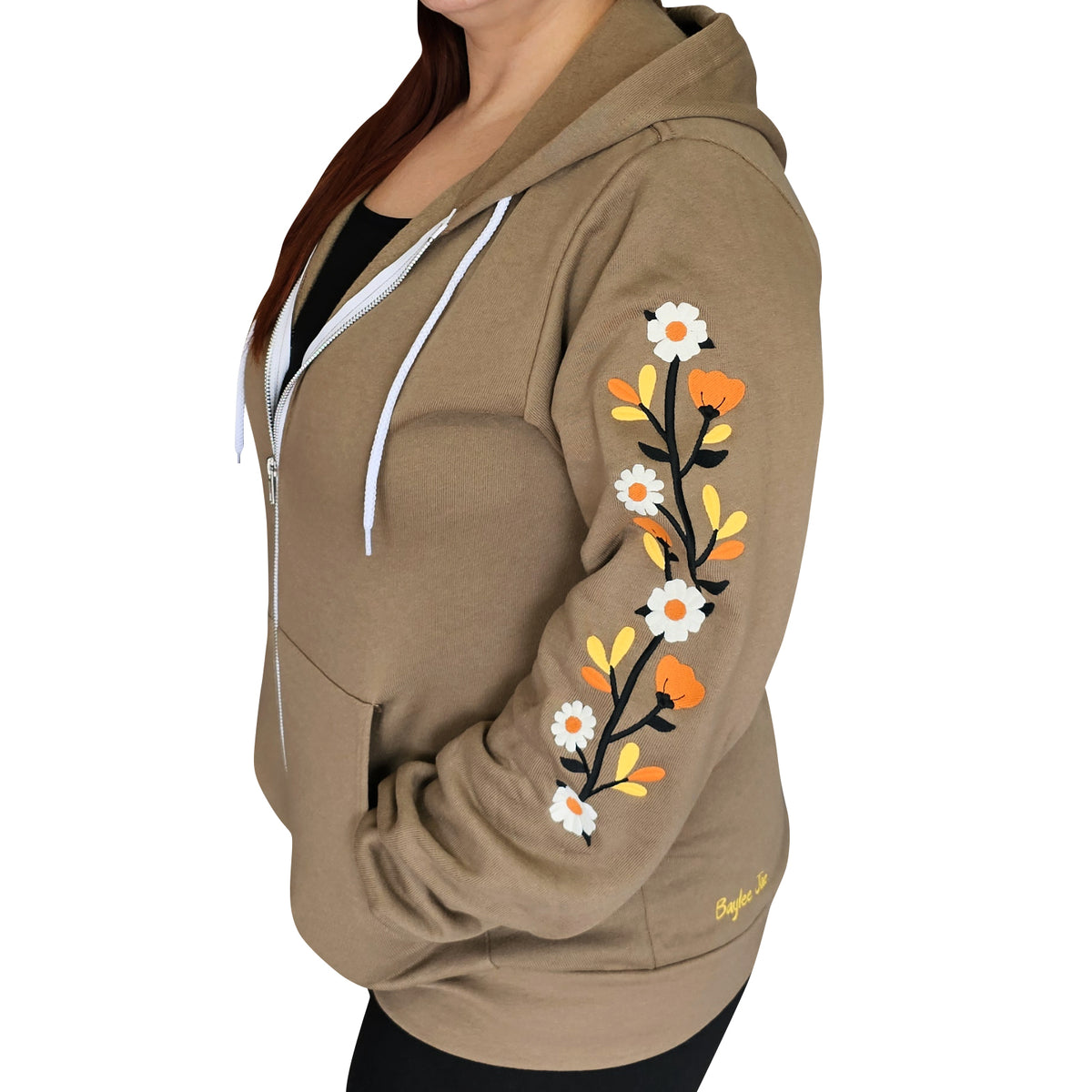 &quot;Fall Florals&quot; Embroidered Zip Sweatshirt - Brown