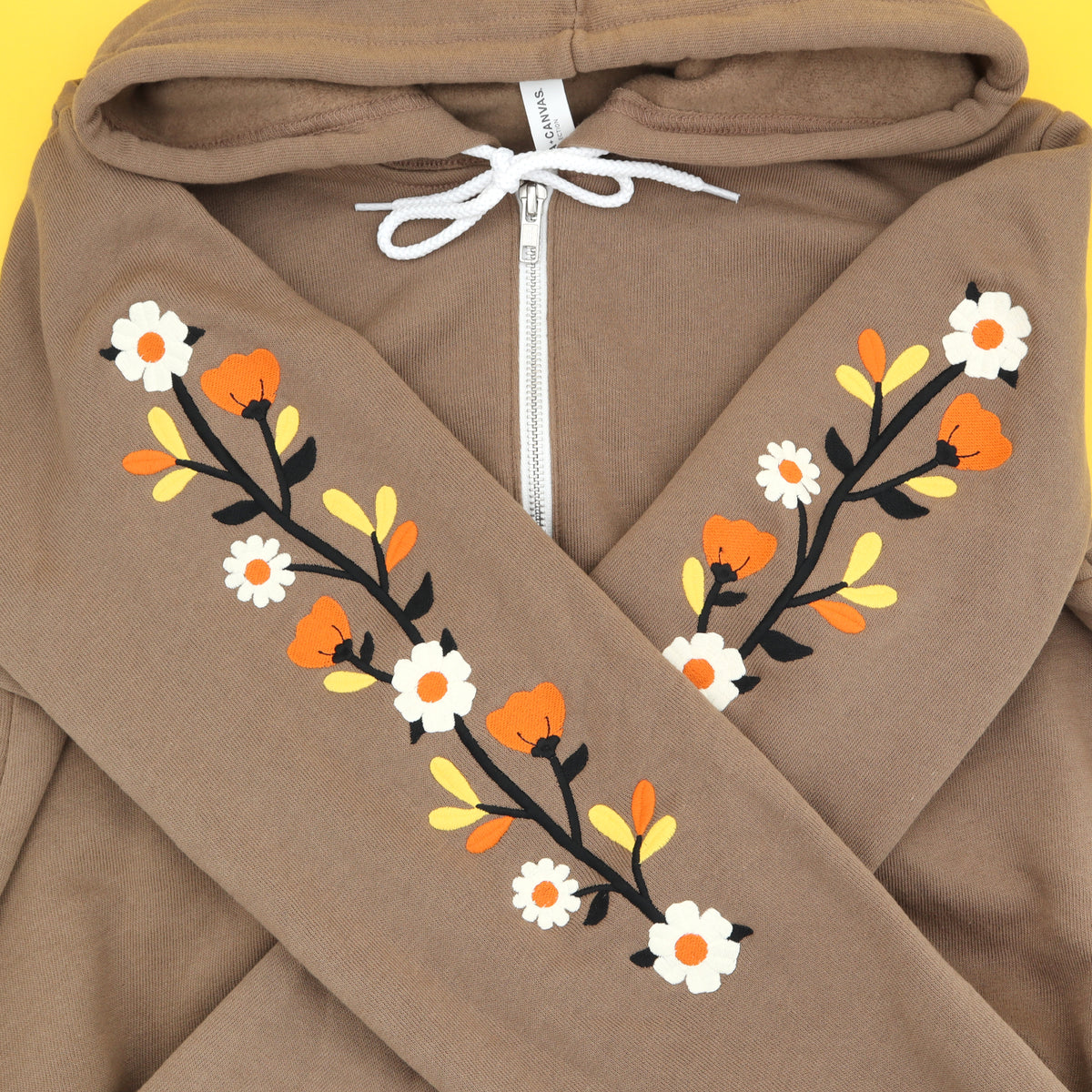 &quot;Fall Florals&quot; Embroidered Zip Sweatshirt - Brown