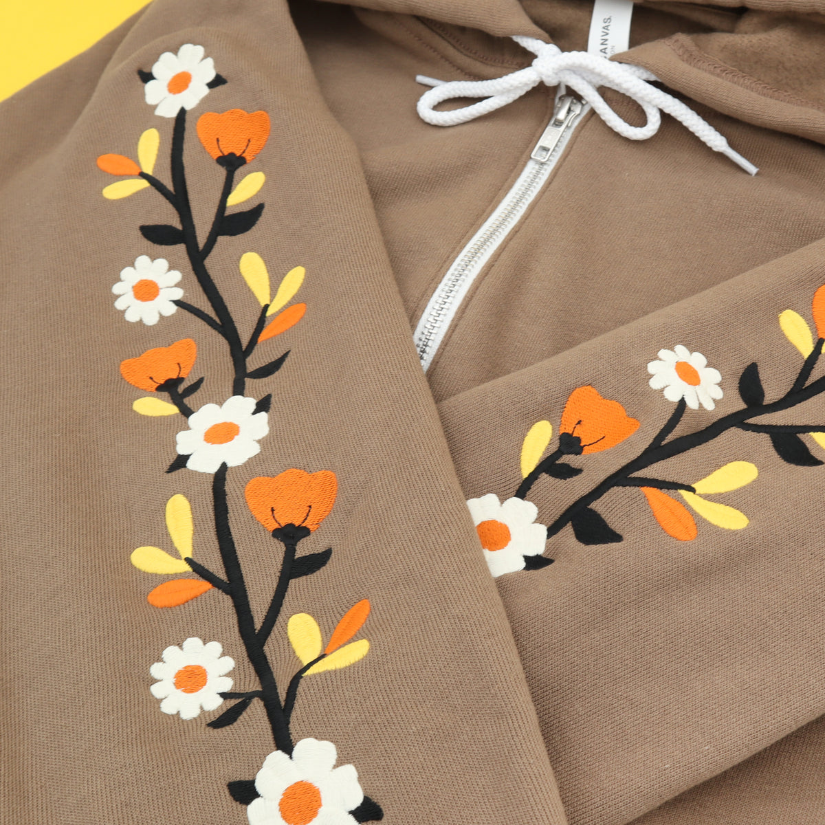 &quot;Fall Florals&quot; Embroidered Zip Sweatshirt - Brown