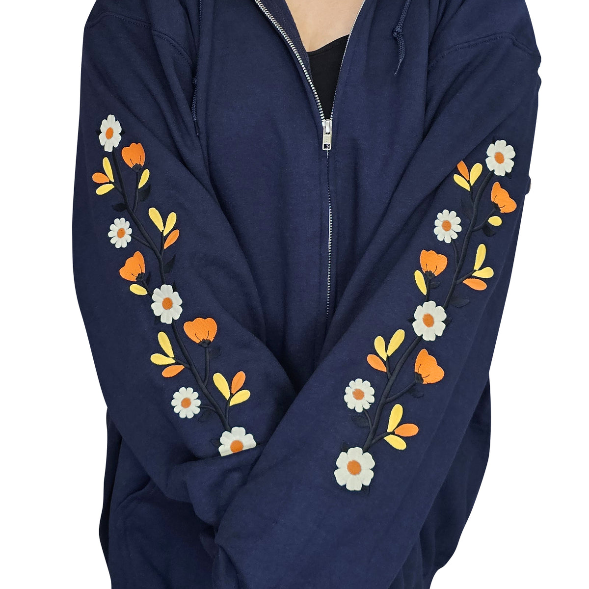 &quot;Fall Florals&quot; Embroidered Zip Sweatshirt - Navy