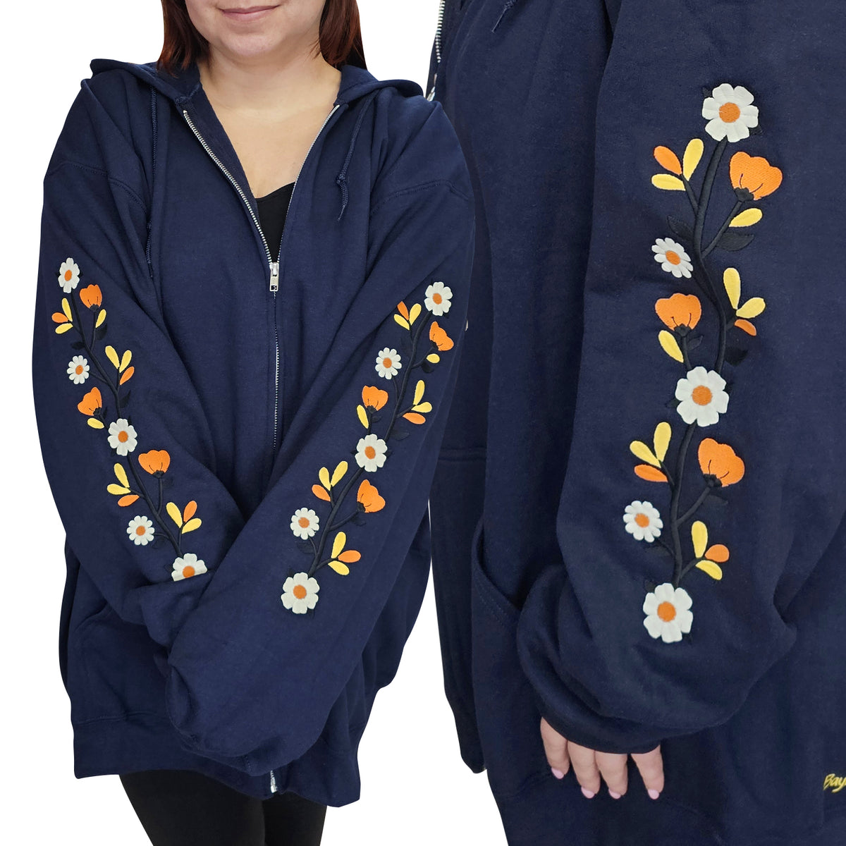 &quot;Fall Florals&quot; Embroidered Zip Sweatshirt - Navy