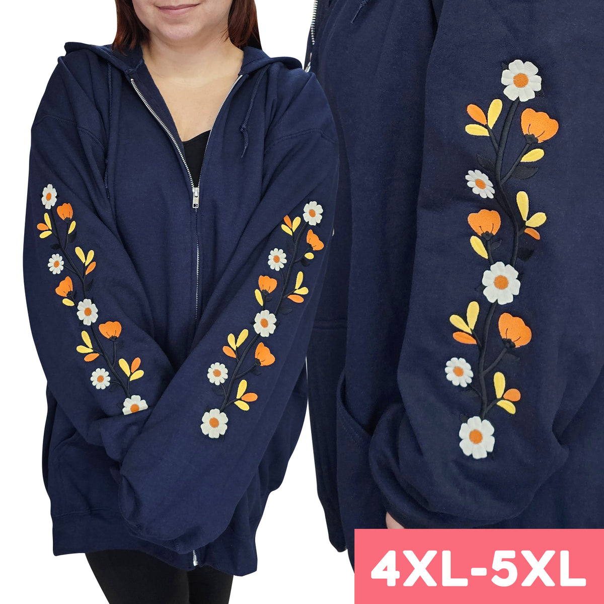 &quot;Fall Florals&quot; Embroidered Zip Sweatshirt - Navy