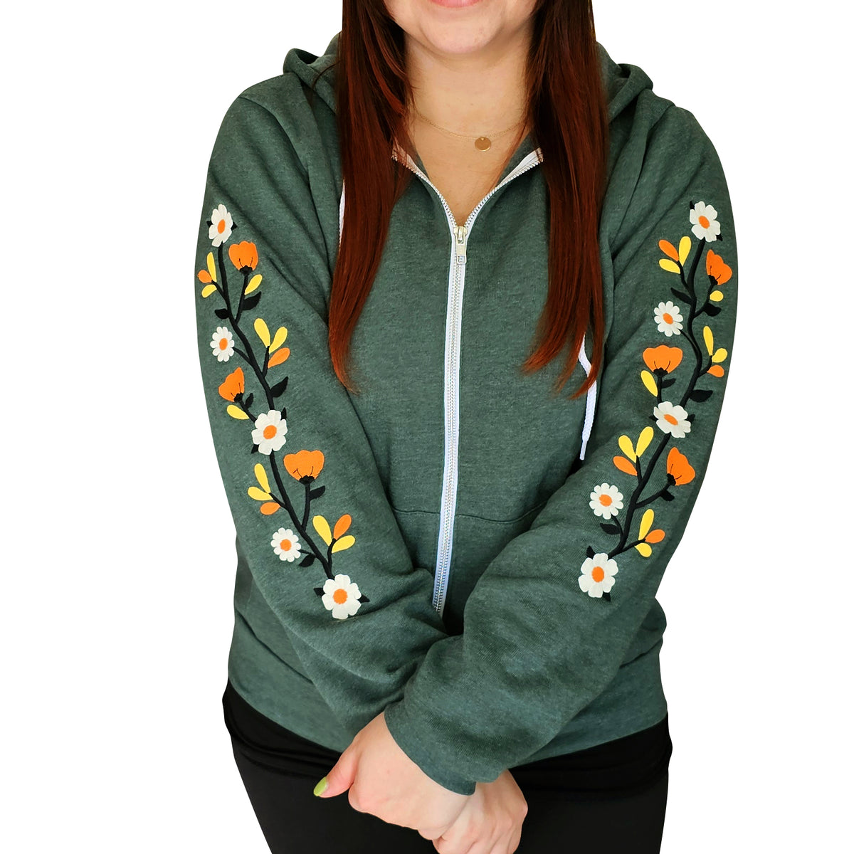 &quot;Fall Florals&quot; Embroidered Zip Sweatshirt - Forest Green