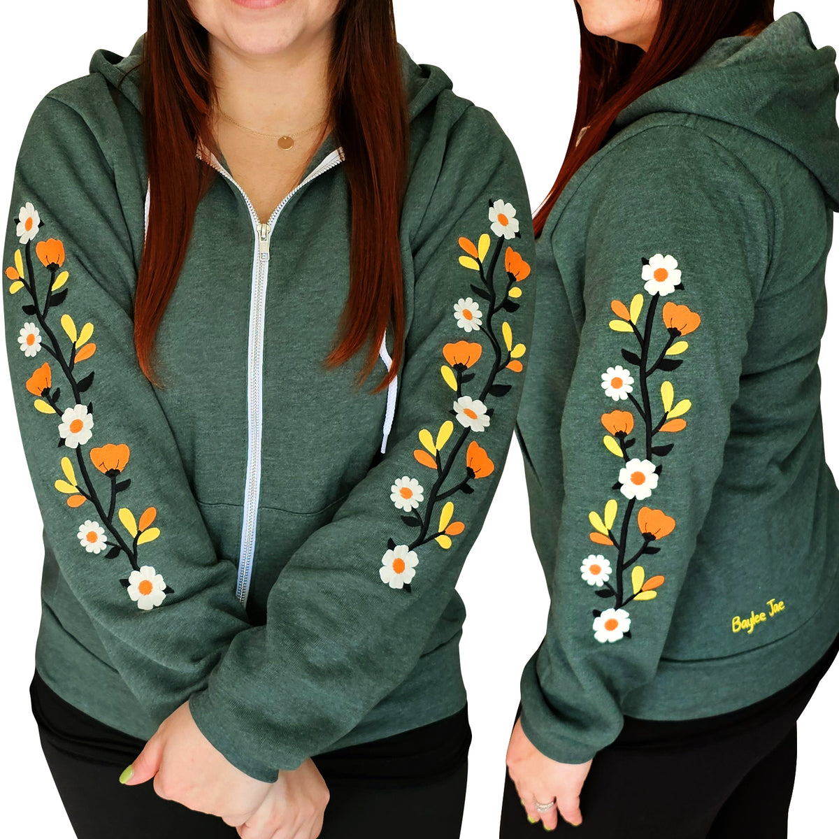 &quot;Fall Florals&quot; Embroidered Zip Sweatshirt - Forest Green