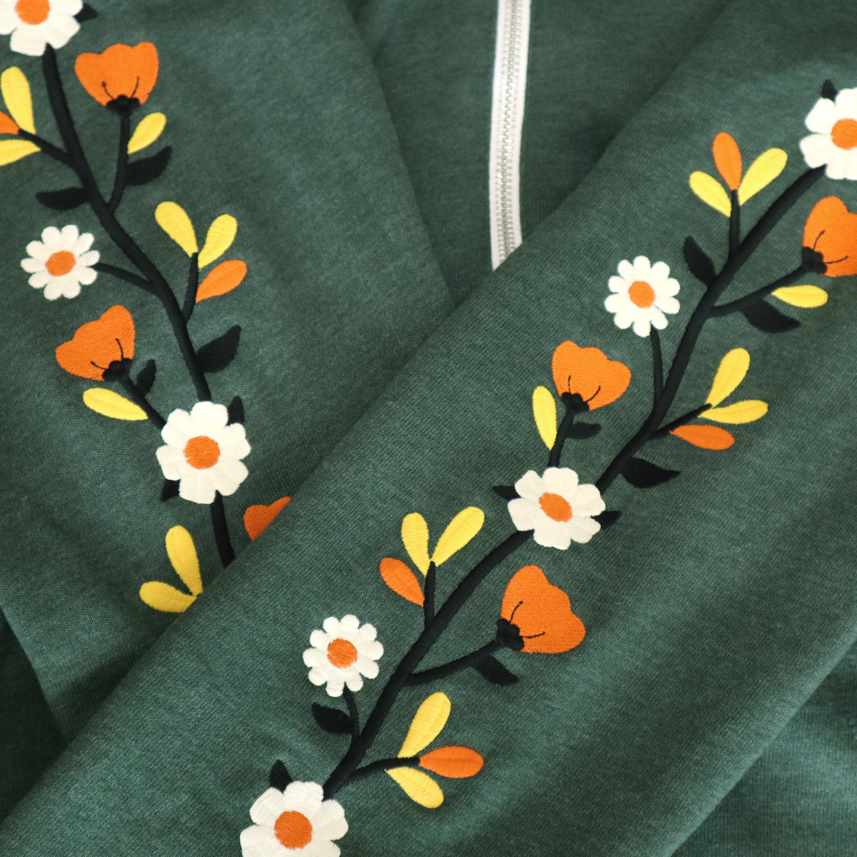 &quot;Fall Florals&quot; Embroidered Zip Sweatshirt - Forest Green