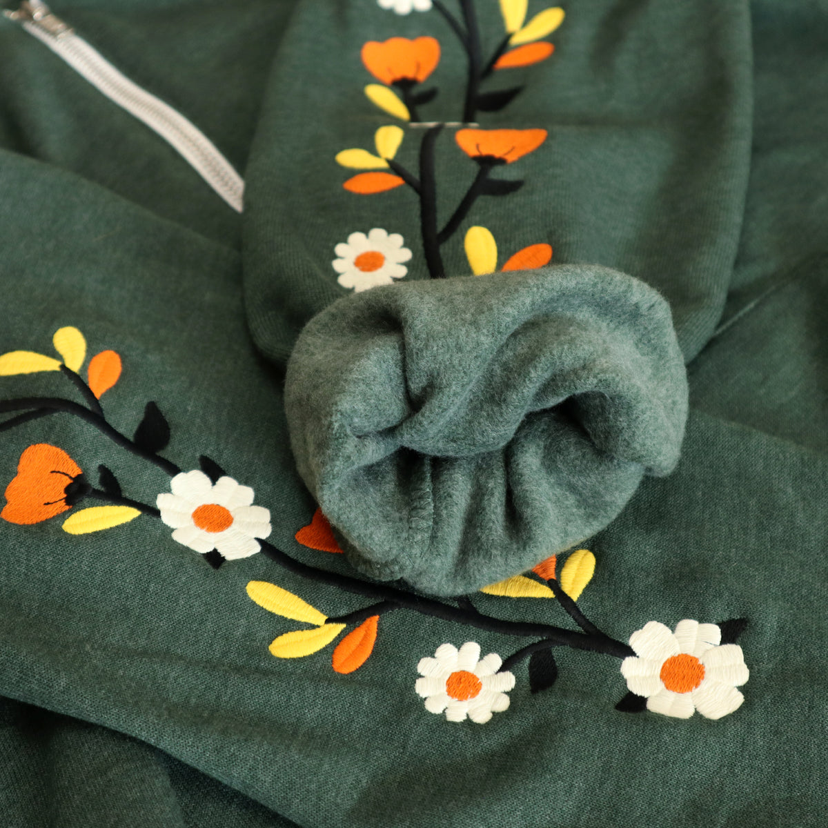 &quot;Fall Florals&quot; Embroidered Zip Sweatshirt - Forest Green