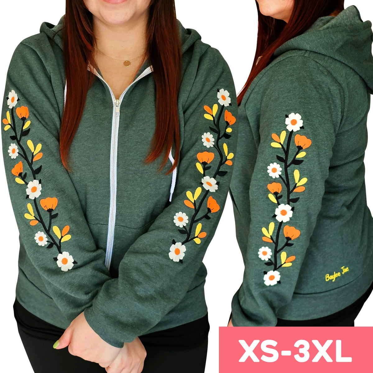 &quot;Fall Florals&quot; Embroidered Zip Sweatshirt - Forest Green