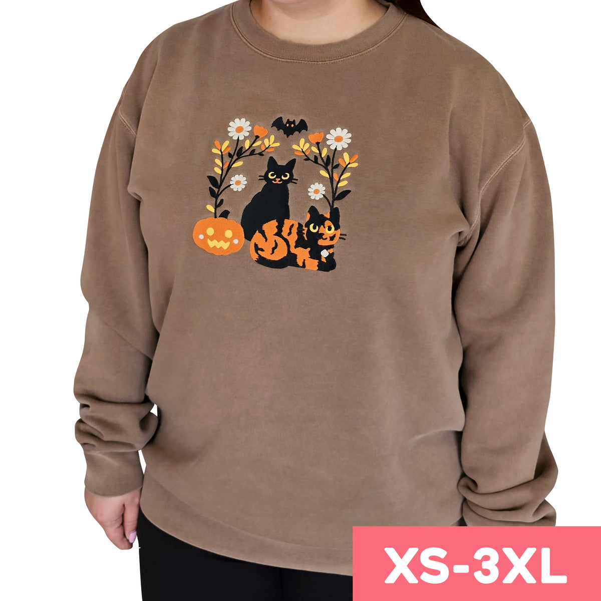 &quot;Halloween Cats&quot; Embroidered Crewneck Sweatshirt - Brown