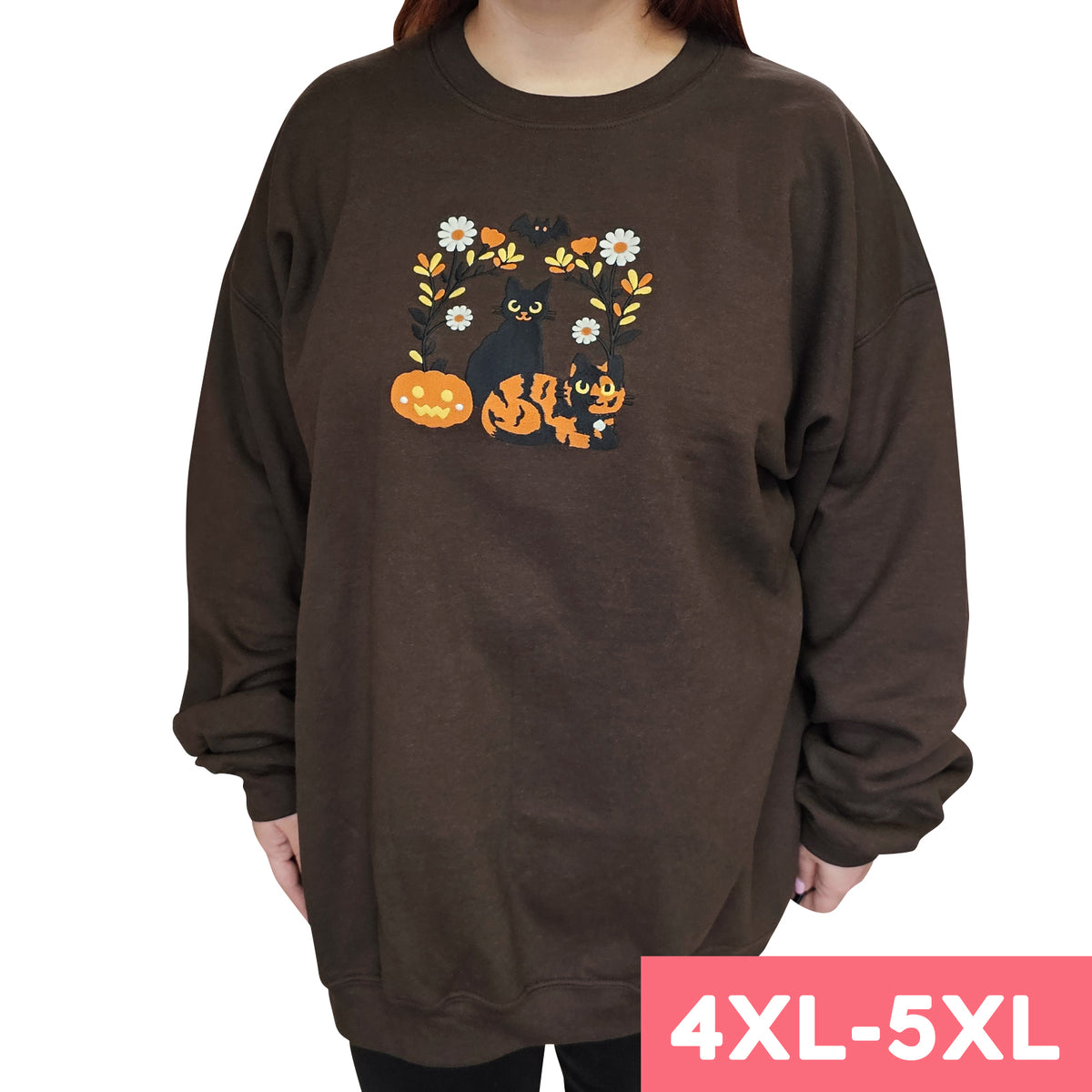 &quot;Halloween Cats&quot; Embroidered Crewneck Sweatshirt  - Dark Brown