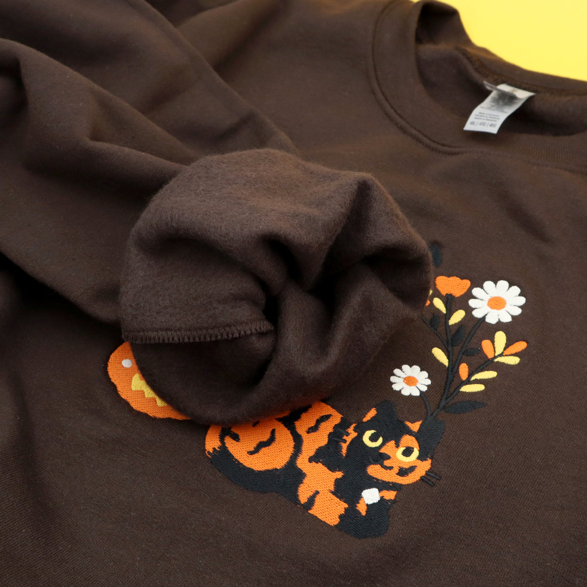 &quot;Halloween Cats&quot; Embroidered Crewneck Sweatshirt  - Dark Brown