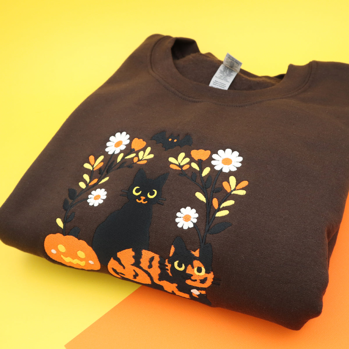 &quot;Halloween Cats&quot; Embroidered Crewneck Sweatshirt  - Dark Brown