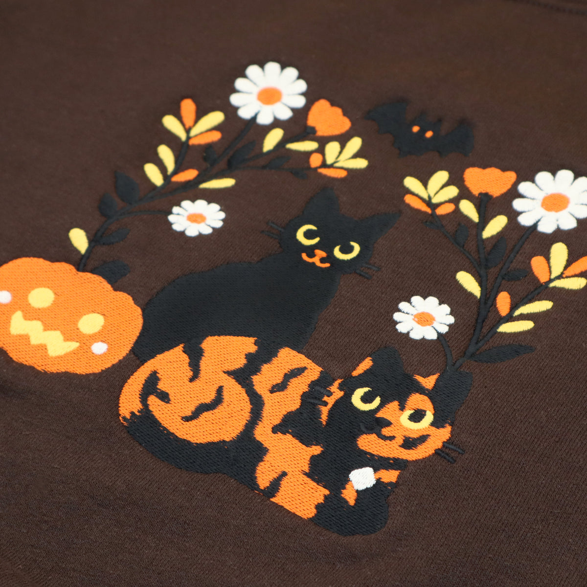 &quot;Halloween Cats&quot; Embroidered Crewneck Sweatshirt  - Dark Brown