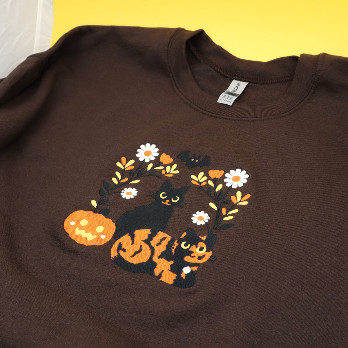 &quot;Halloween Cats&quot; Embroidered Crewneck Sweatshirt  - Dark Brown