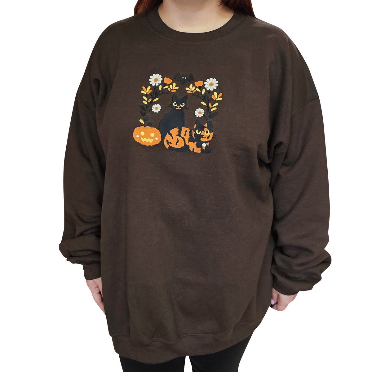 &quot;Halloween Cats&quot; Embroidered Crewneck Sweatshirt  - Dark Brown