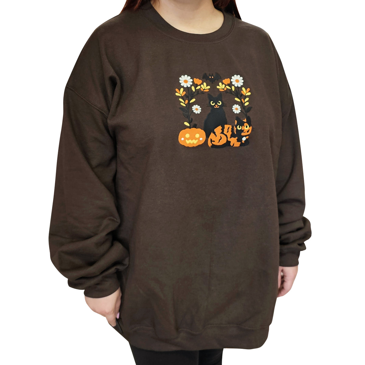 &quot;Halloween Cats&quot; Embroidered Crewneck Sweatshirt  - Dark Brown