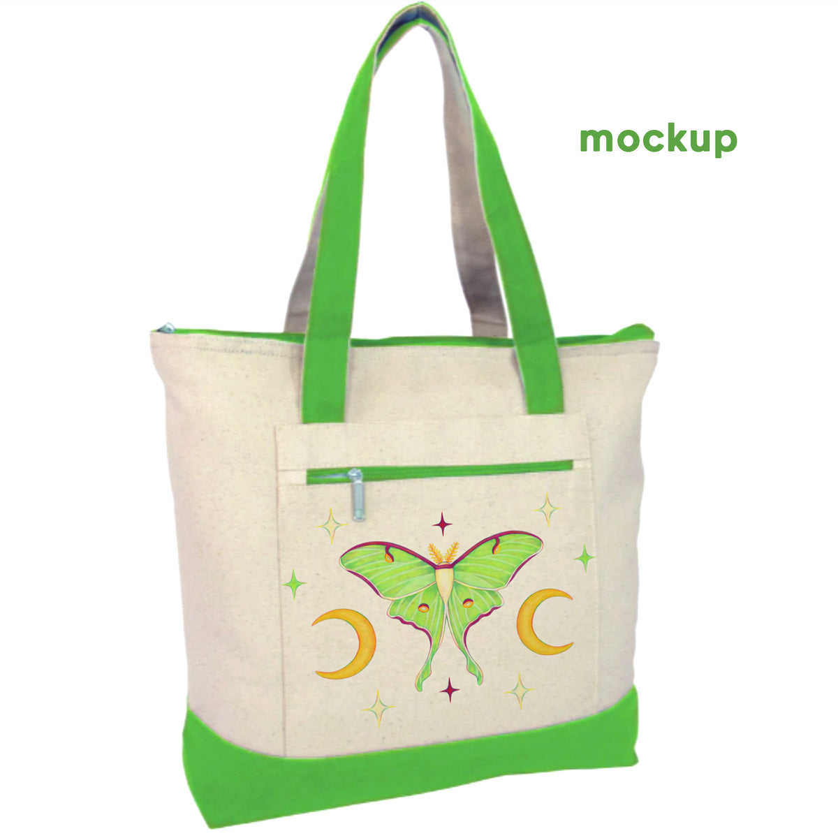 &quot;Luna Moth&quot; Zippered Tote Bag – Green