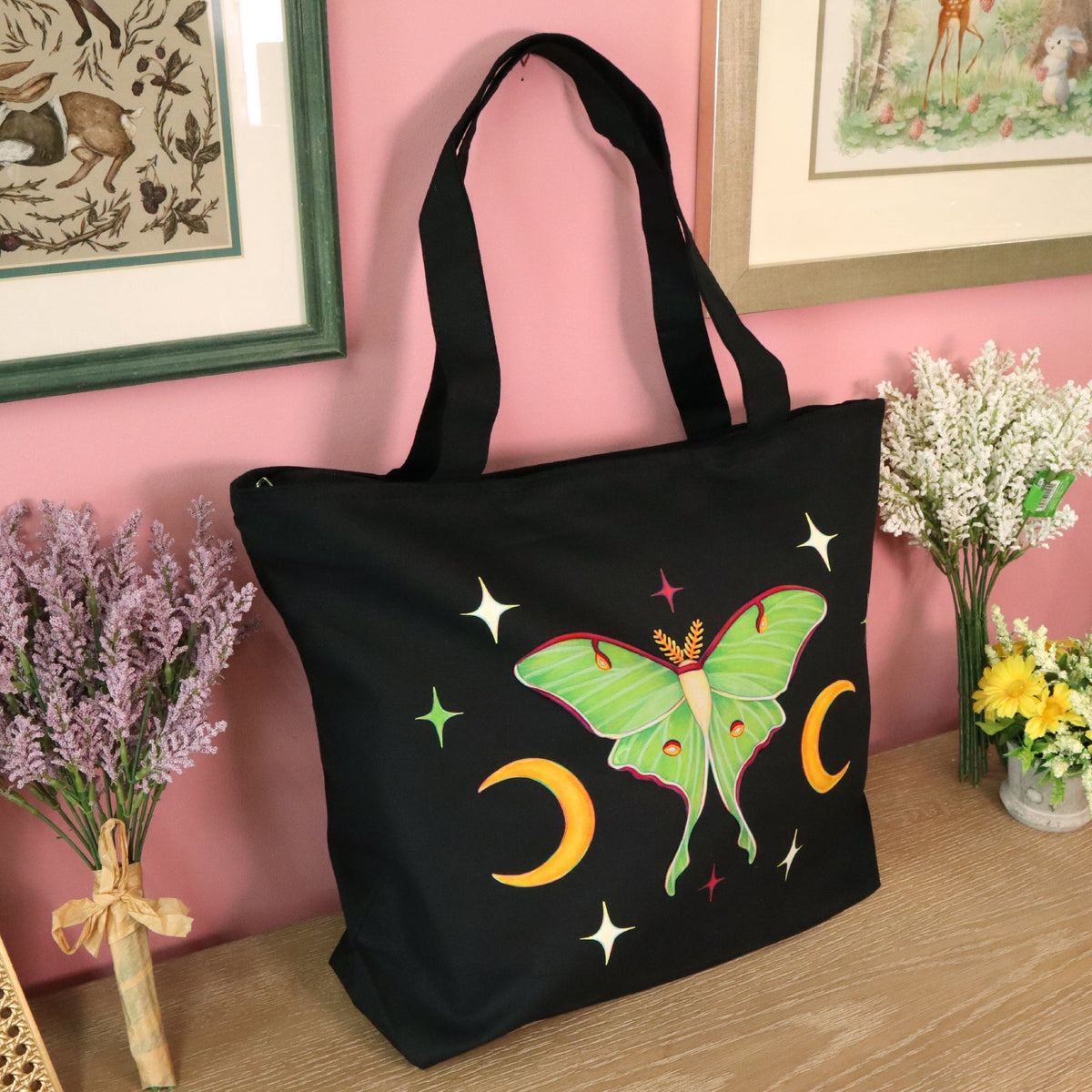 &quot;Luna Moth&quot; Zippered Tote Bag – Black
